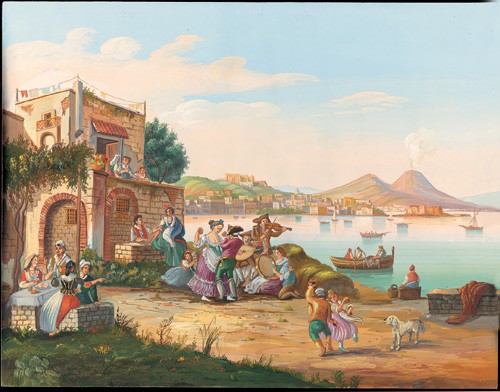 Gouache: sulla riva di Posillipo popolani ballano la tarantella al suono di tamburello e violino; sullo sfondo il golfo, Napoli e il Vesuvio fumante