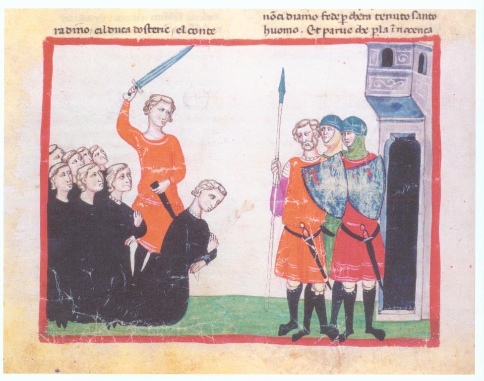 Miniatura medievale con la decapitazione di Corradino di Svevia a Napoli nel 1268.