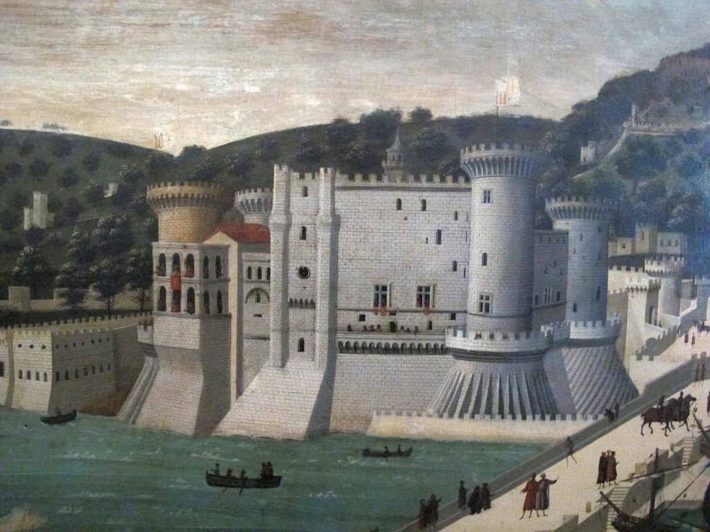 Napoli vista dal mare nel Quattrocento, con la flotta aragonese davanti a Castel Nuovo